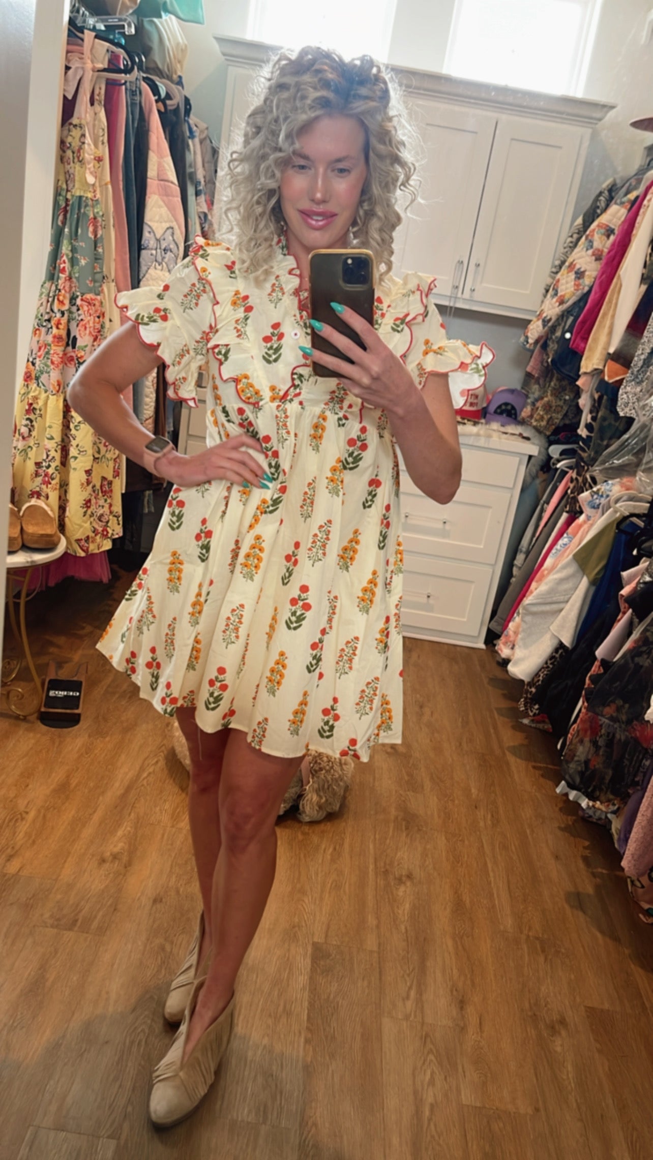 Cream Floral Ruffle Dress