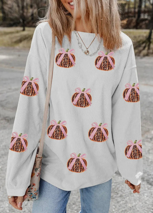 Sequin Bow Pumpkin Cord Sweatshirt